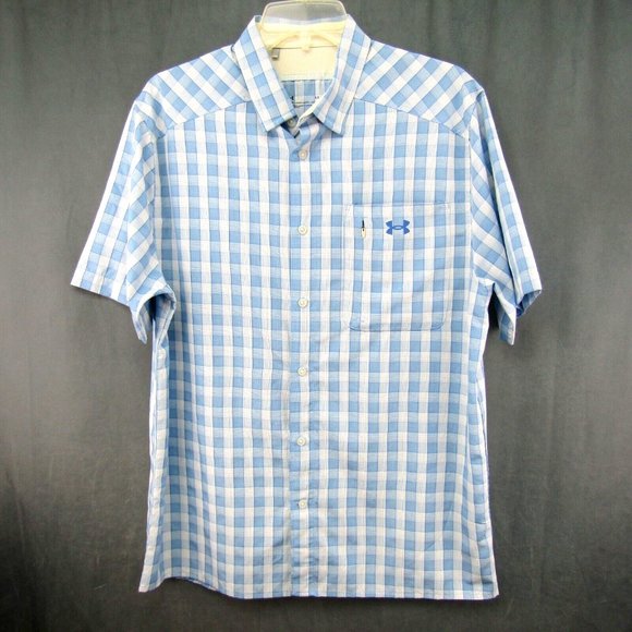 Under Armour Blue White Plaid Camp Shirt Mens Size L Fitted Button Up Outdoor - Picture 1 of 9